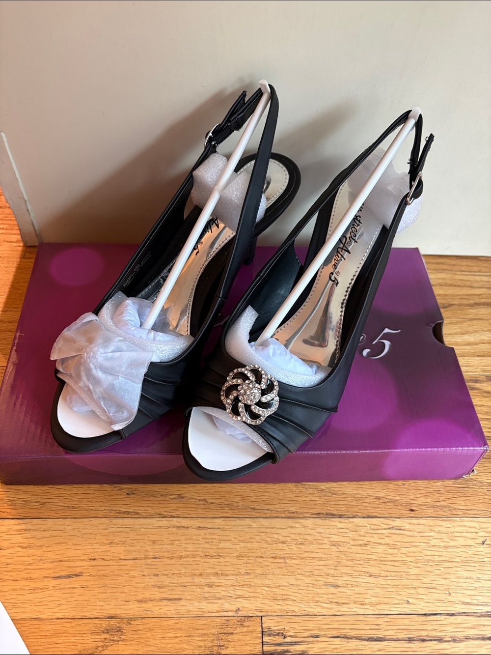 easy street Black Open-Toe Slingback Heels with Rhinestone Brooch